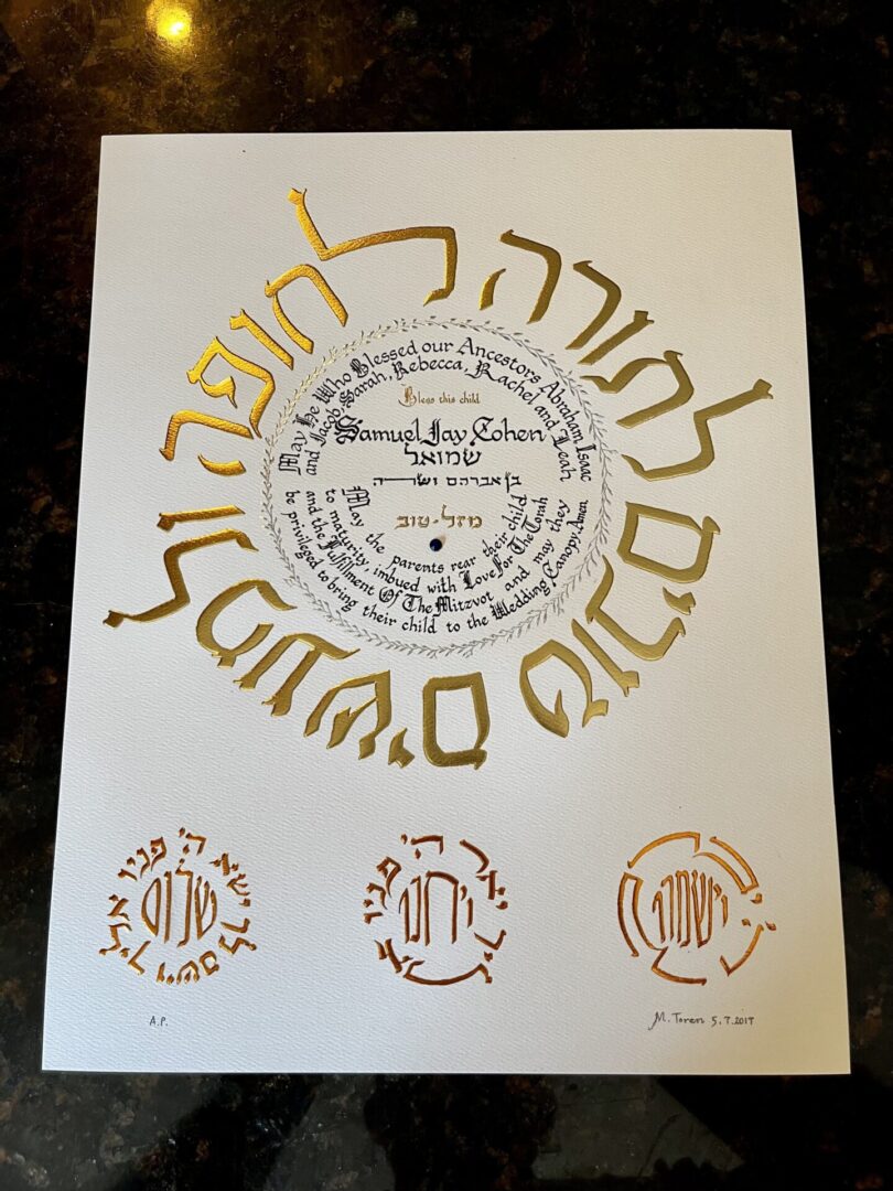 A poster with gold lettering and the names of jewish families.